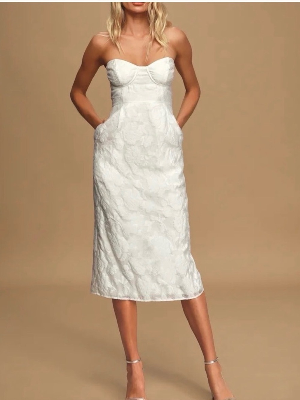 Lulus From this Day White Floral Jacquard Strapless Women’s Midi Dress size Smal